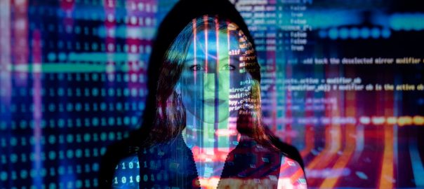 photo of code projected over woman